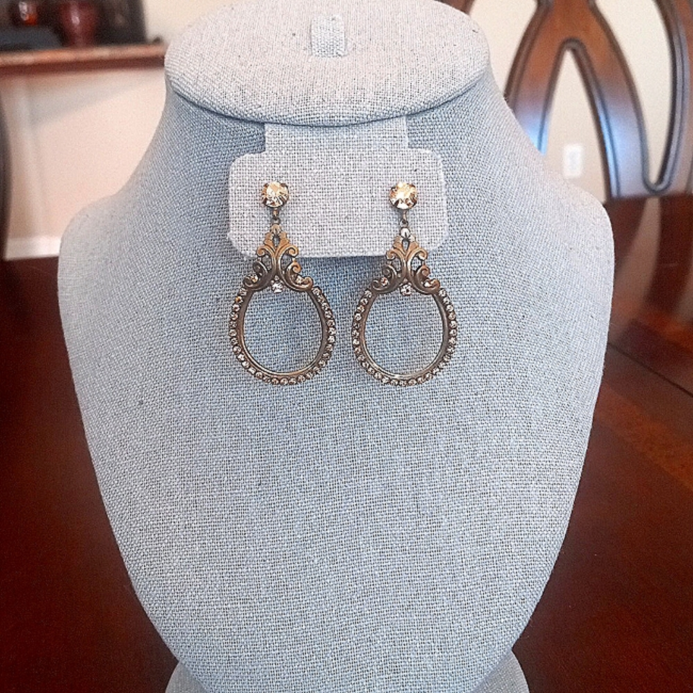 Vintage Sorrelli Antique Gold & Rhinestone Post Earrings, Champagne/Tan 1.75"